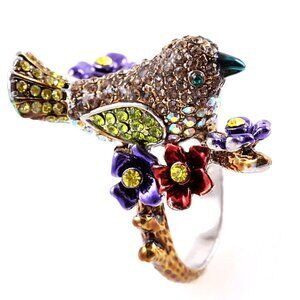Multi-color Bird on Perch Ring - Size 8 - Missing 4 crystals